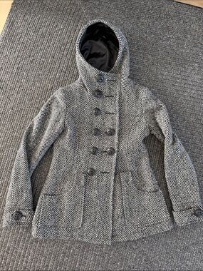 Source Unknown Girls' Hooded Herringbone Peacoat - Gray/Black